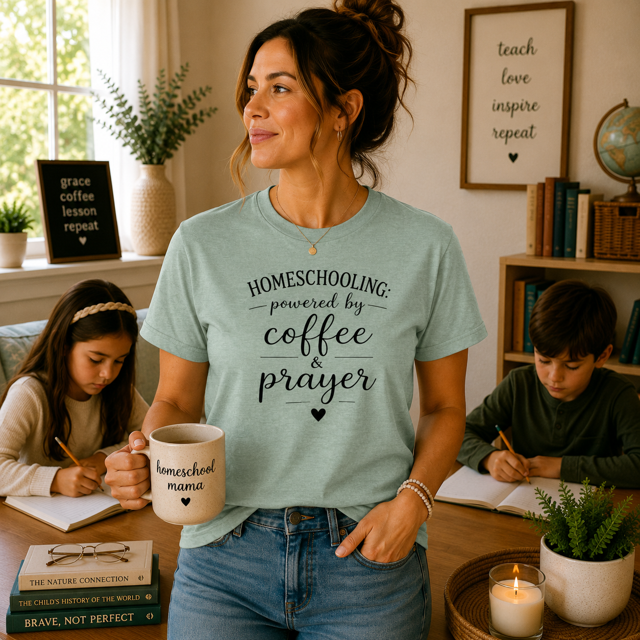 Homeschooling Tee — "Powered by Coffee & Prayer" Casual Christian Mom Shirt