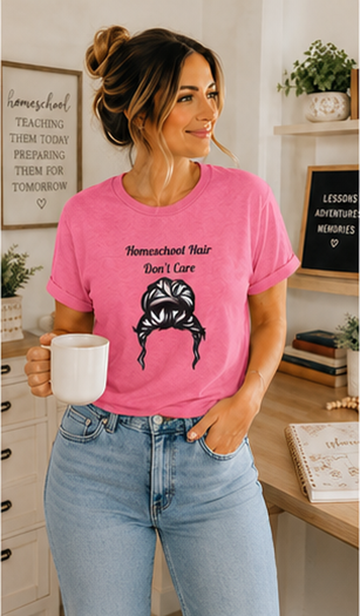 Homeschool Hair Don't Care Tee | Messy Bun Mom Shirt