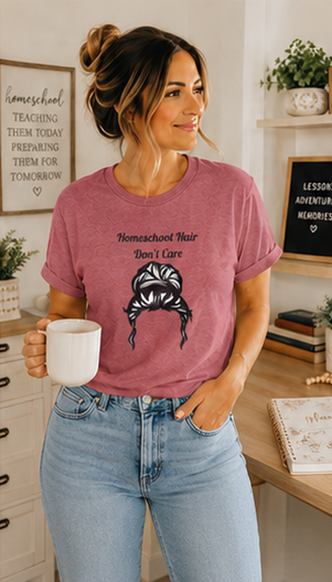 Homeschool Hair Don't Care Tee | Messy Bun Mom Shirt
