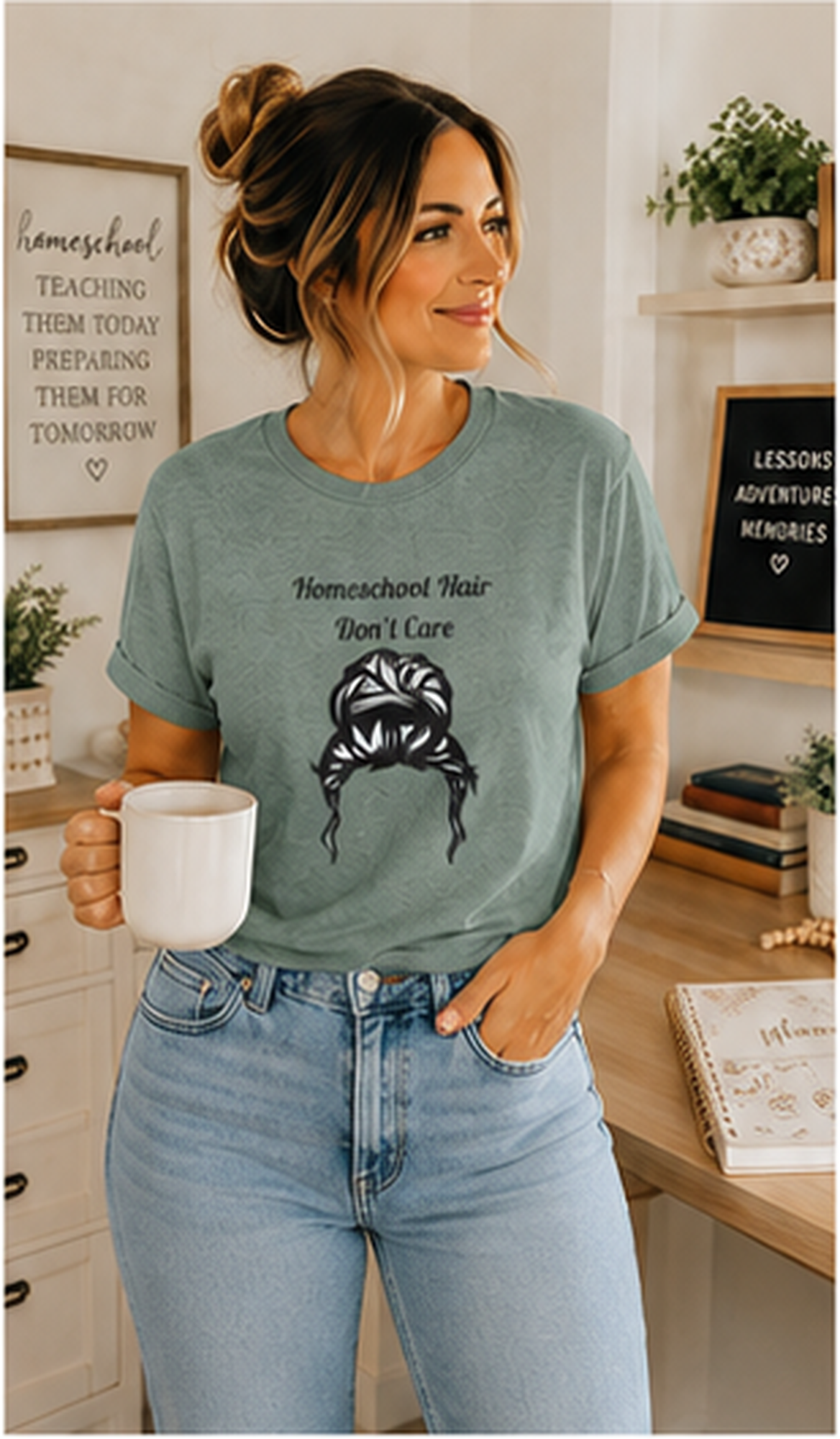 Homeschool Hair Don't Care Tee | Messy Bun Mom Shirt