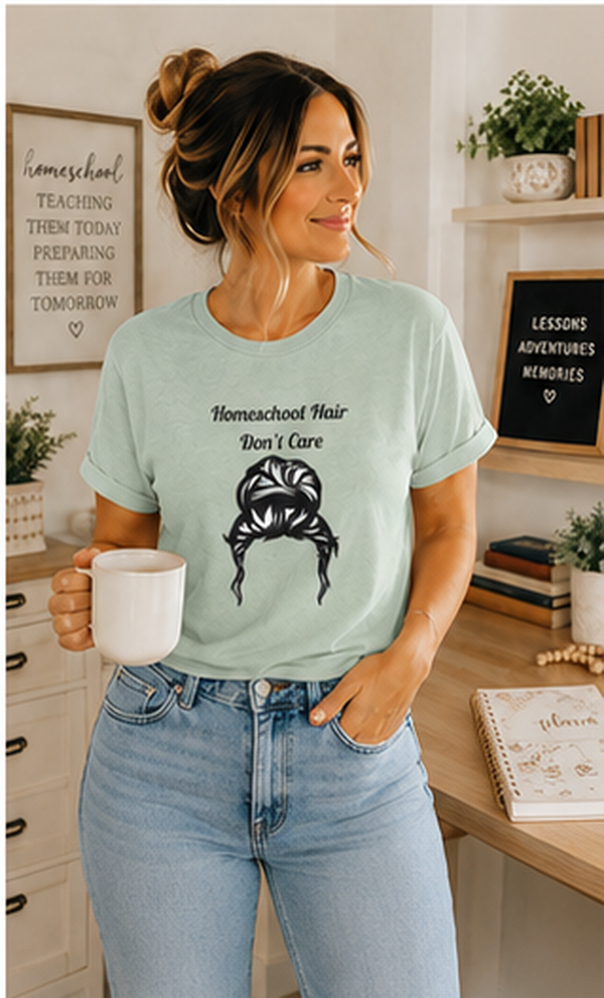 Homeschool Hair Don't Care Tee | Messy Bun Mom Shirt