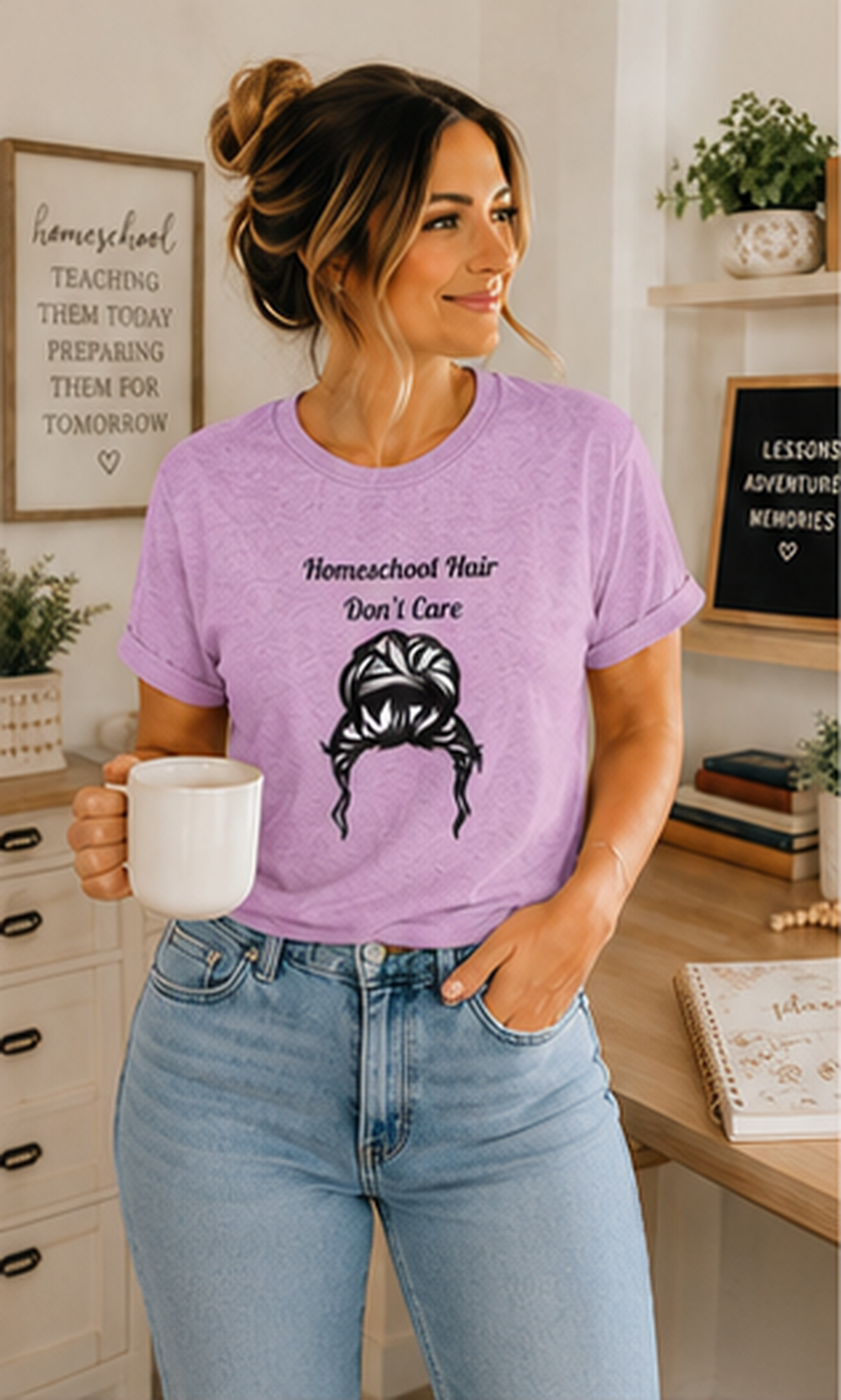 Homeschool Hair Don't Care Tee | Messy Bun Mom Shirt