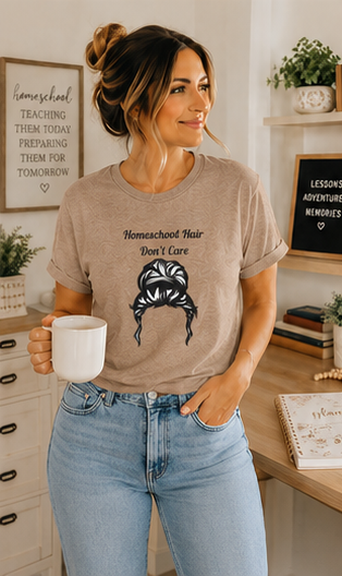 Homeschool Hair Don't Care Tee | Messy Bun Mom Shirt
