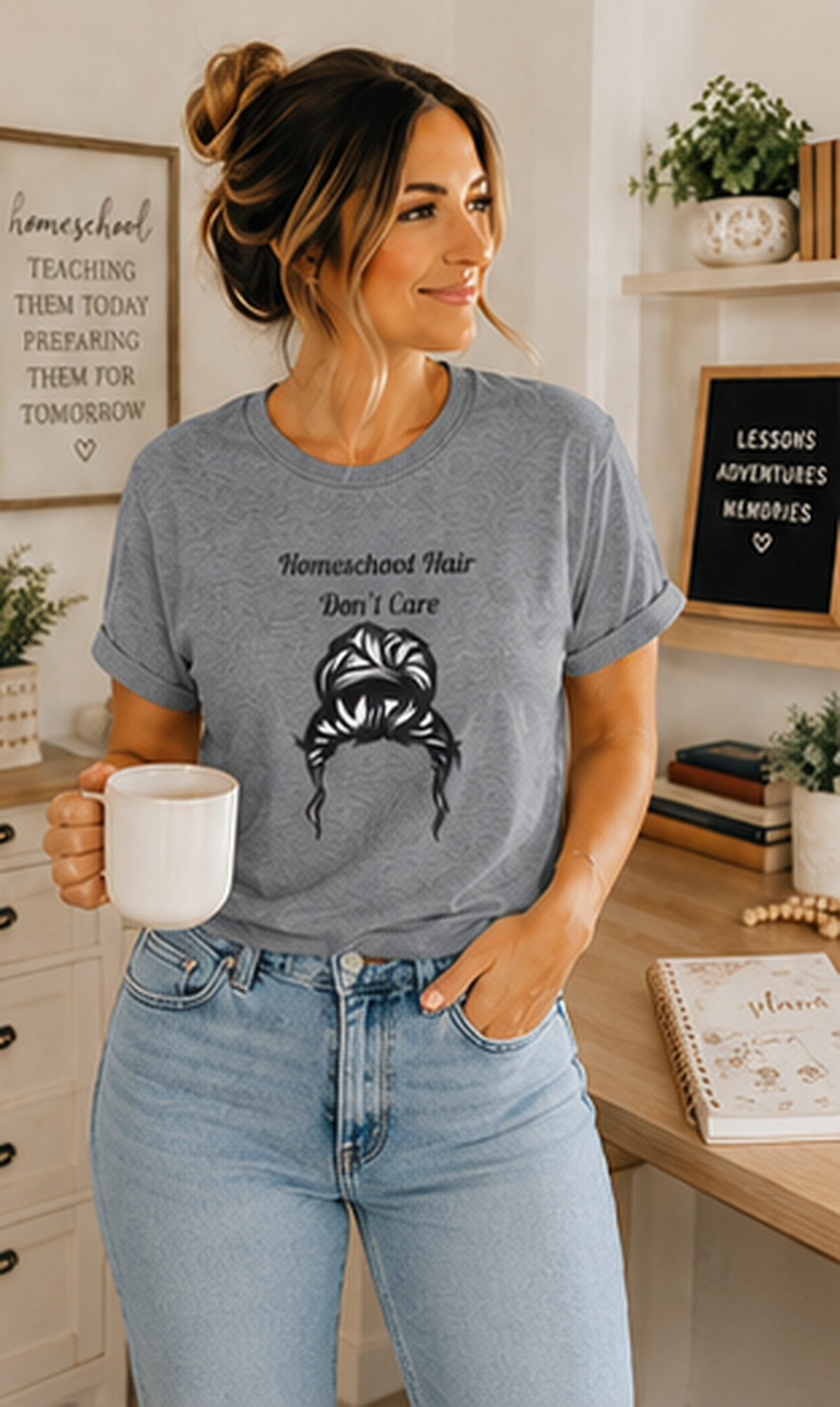 Homeschool Hair Don't Care Tee | Messy Bun Mom Shirt