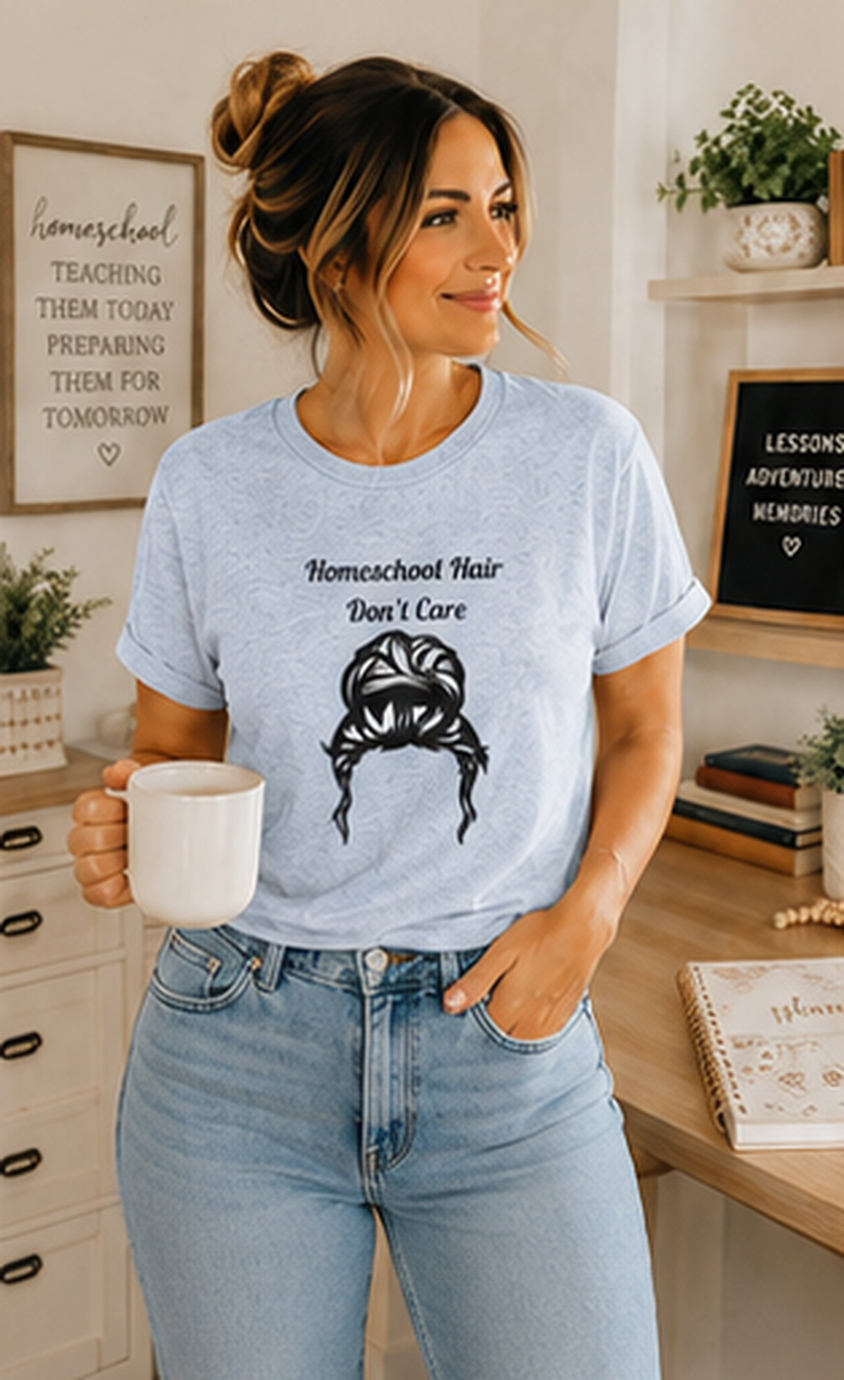 Homeschool Hair Don't Care Tee | Messy Bun Mom Shirt