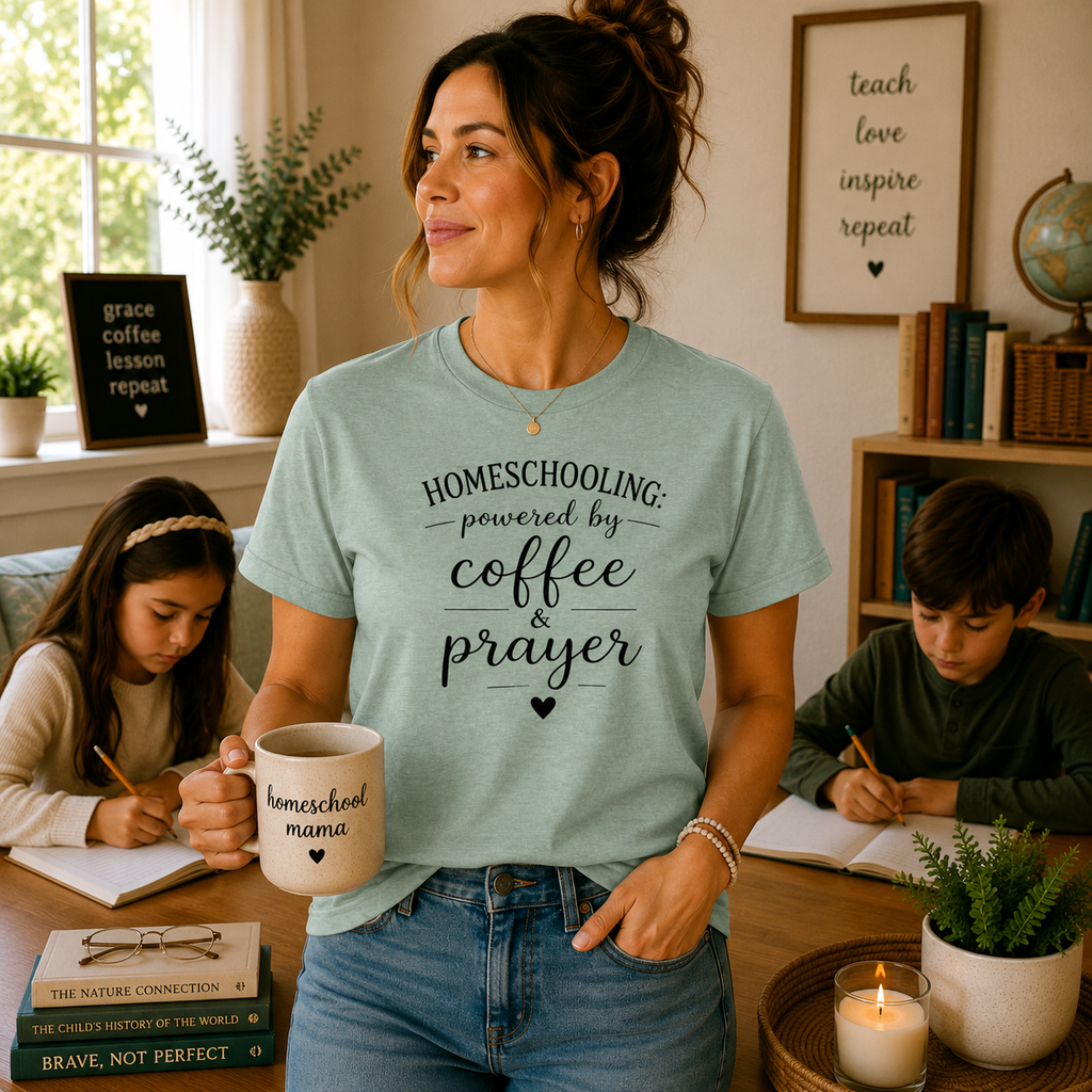 Homeschooling Tee — "Powered by Coffee & Prayer" Casual Christian Mom Shirt