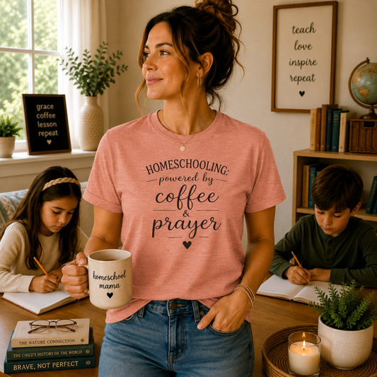 Homeschooling Tee — "Powered by Coffee & Prayer" Casual Christian Mom Shirt