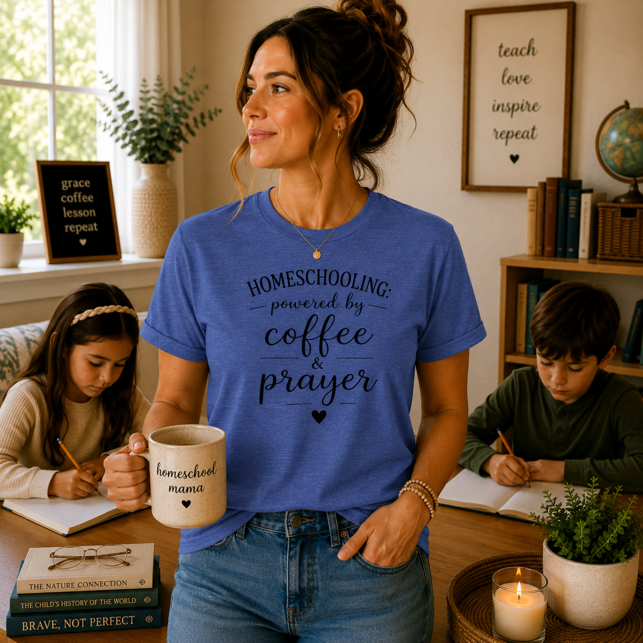 Homeschooling Tee — "Powered by Coffee & Prayer" Casual Christian Mom Shirt