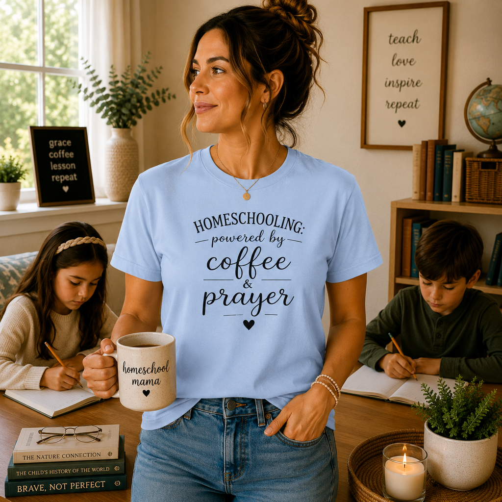 Homeschooling Tee — "Powered by Coffee & Prayer" Casual Christian Mom Shirt