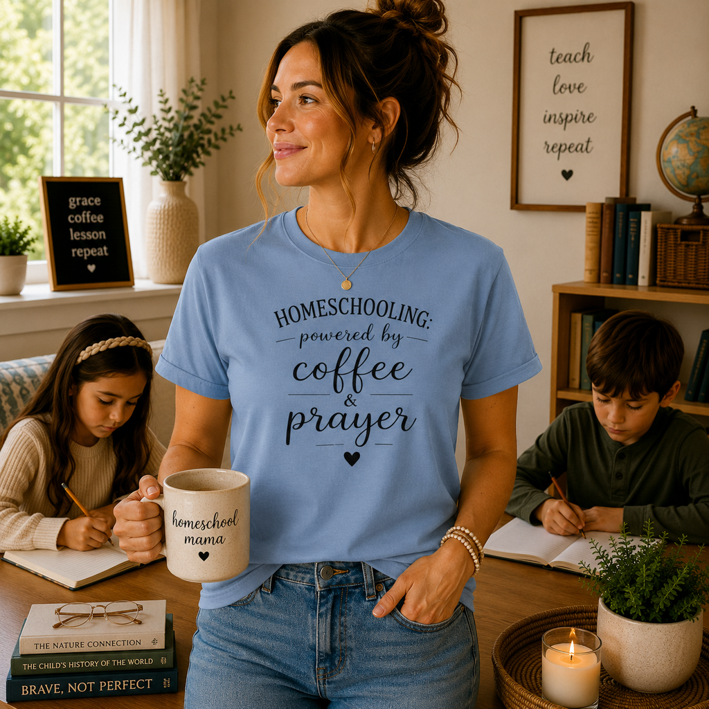 Homeschooling Tee — "Powered by Coffee & Prayer" Casual Christian Mom Shirt