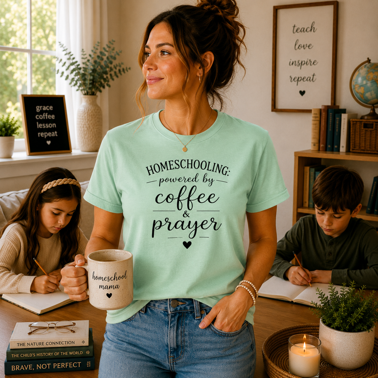 Homeschooling Tee — "Powered by Coffee & Prayer" Casual Christian Mom Shirt
