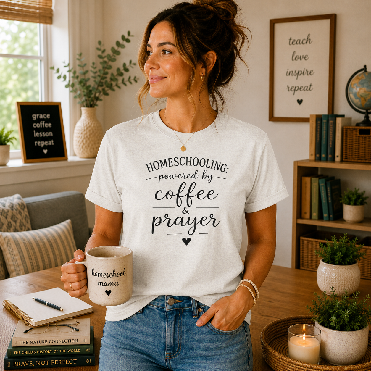 Homeschooling Tee — "Powered by Coffee & Prayer" Casual Christian Mom Shirt