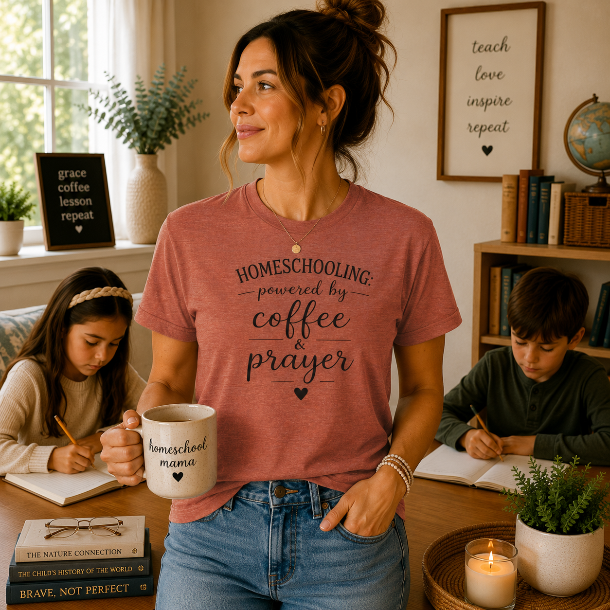 Homeschooling Tee — "Powered by Coffee & Prayer" Casual Christian Mom Shirt
