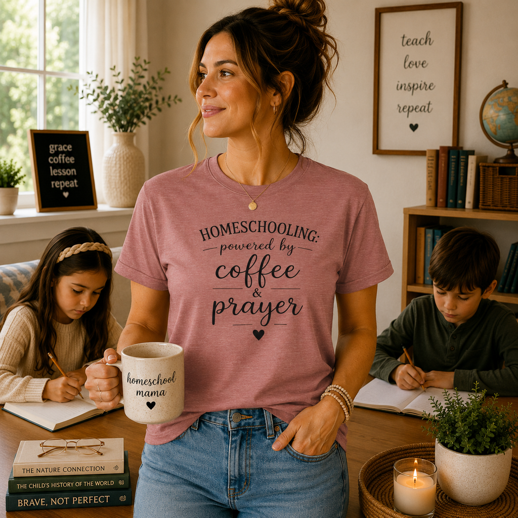 Homeschooling Tee — "Powered by Coffee & Prayer" Casual Christian Mom Shirt