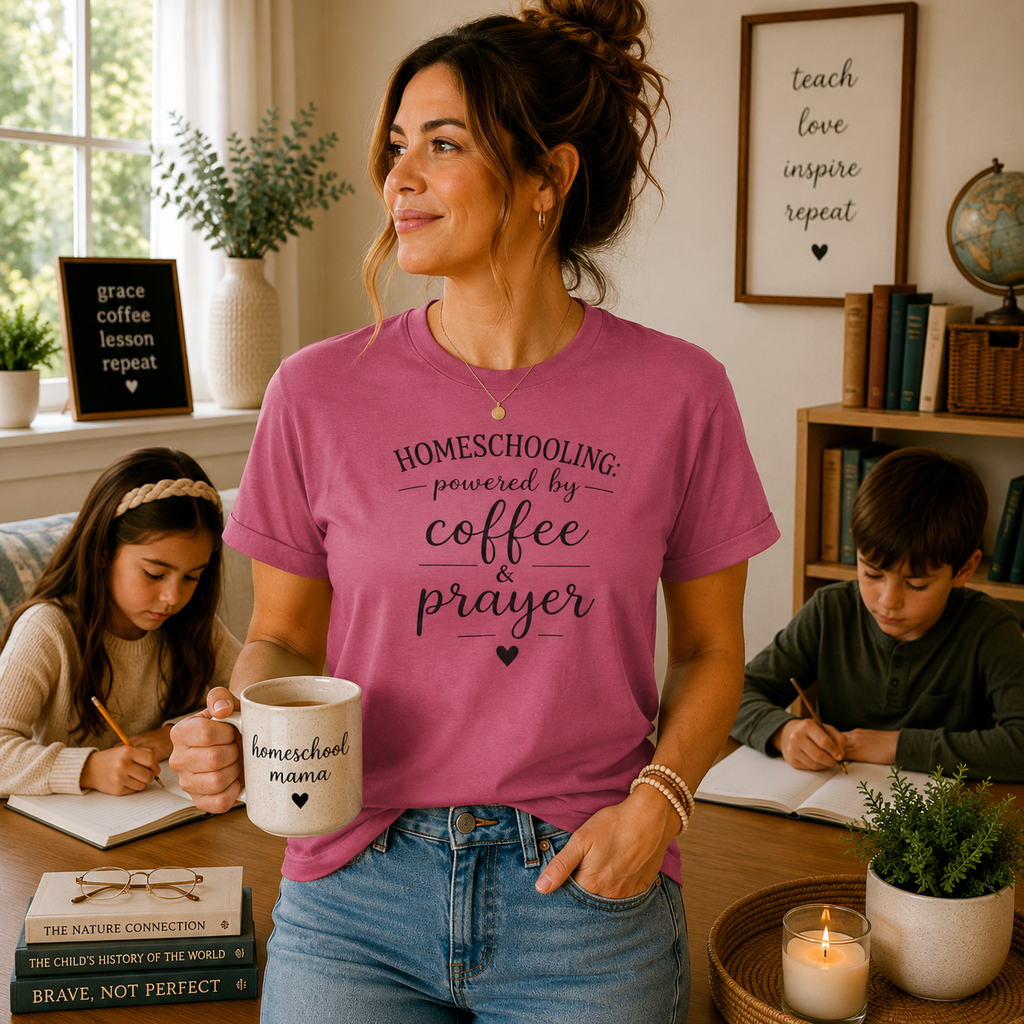 Homeschooling Tee — "Powered by Coffee & Prayer" Casual Christian Mom Shirt