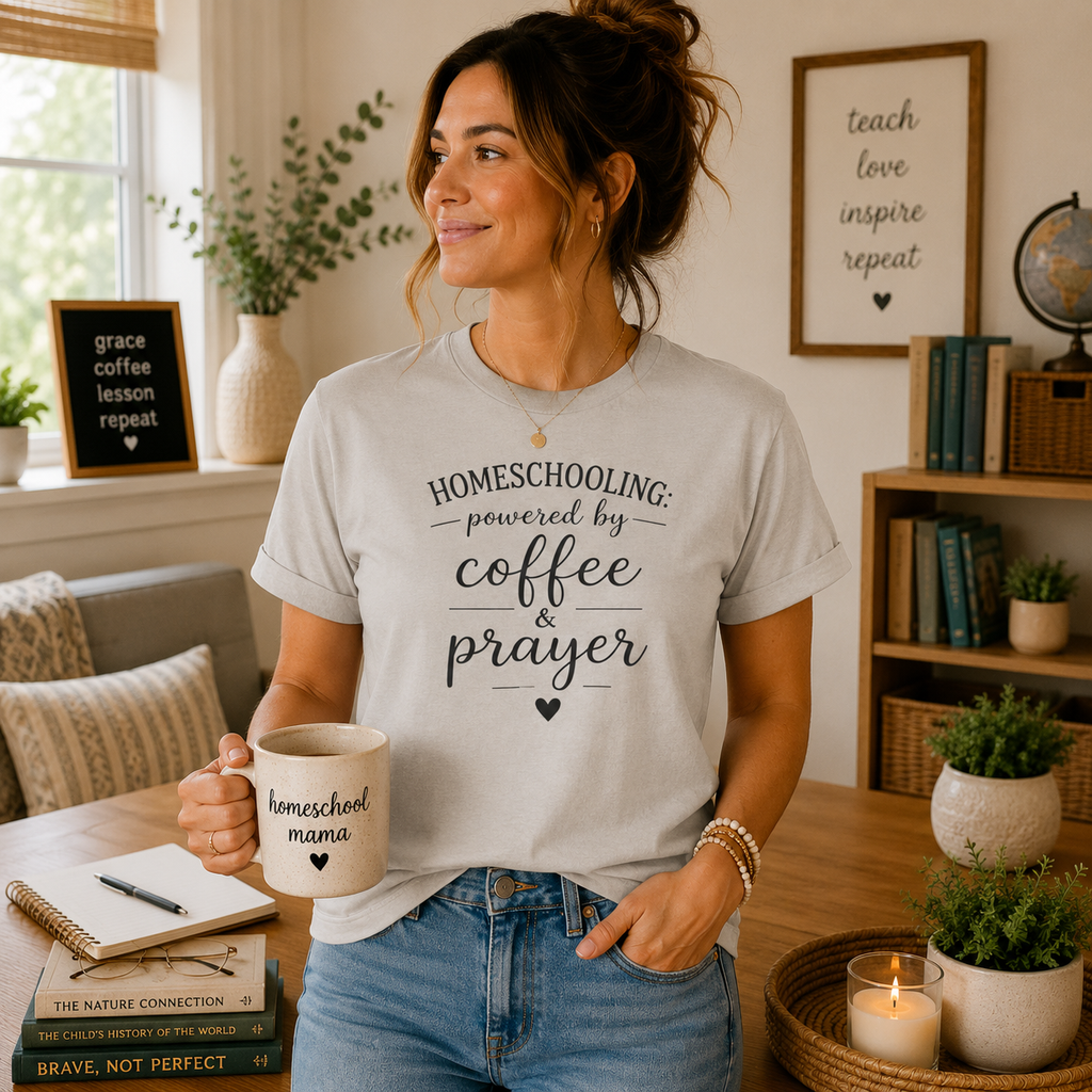 Homeschooling Tee — "Powered by Coffee & Prayer" Casual Christian Mom Shirt