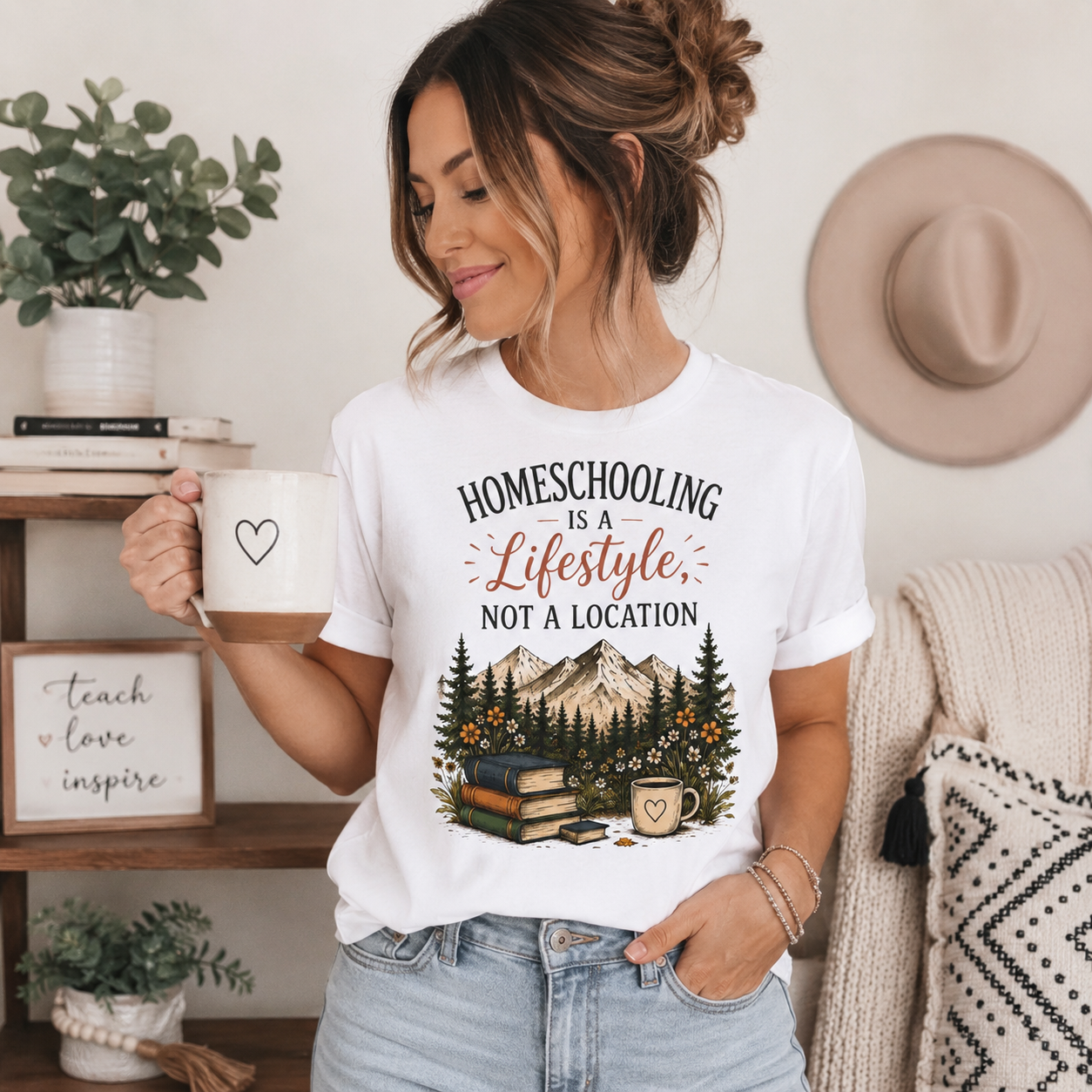 Homeschooling Is a Lifestyle T-Shirt — Mountain, Books & Coffee Homeschool Mom Tee