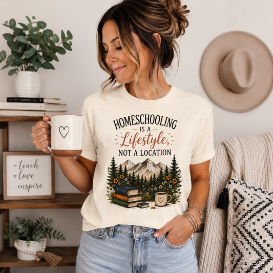 Homeschooling Is a Lifestyle T-Shirt — Mountain, Books & Coffee Homeschool Mom Tee
