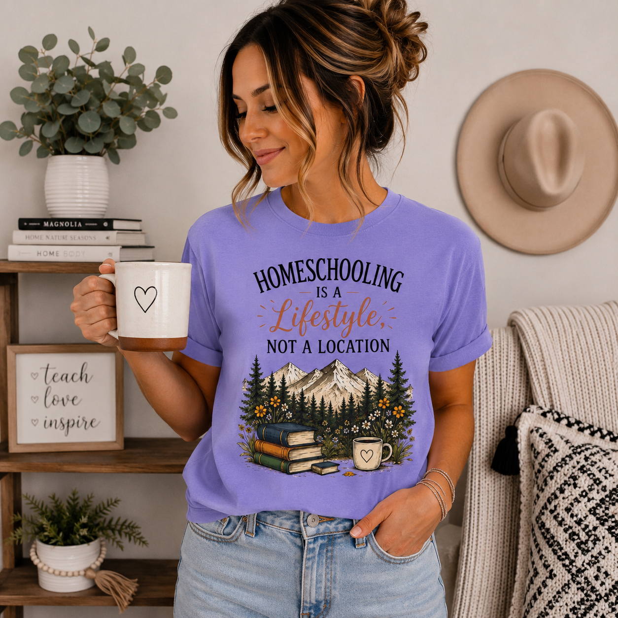 Homeschooling Is a Lifestyle T-Shirt — Mountain, Books & Coffee Homeschool Mom Tee