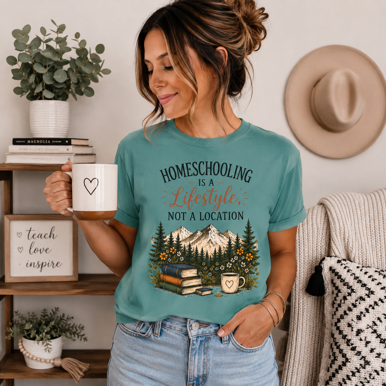 Homeschooling Is a Lifestyle T-Shirt — Mountain, Books & Coffee Homeschool Mom Tee