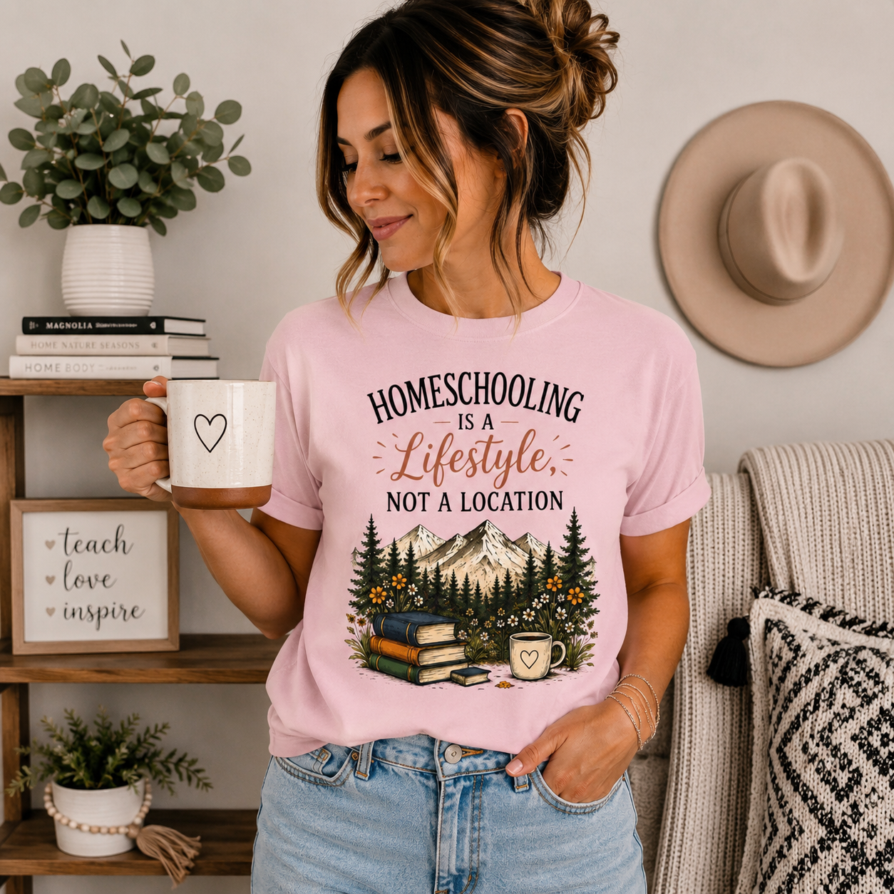 Homeschooling Is a Lifestyle T-Shirt — Mountain, Books & Coffee Homeschool Mom Tee