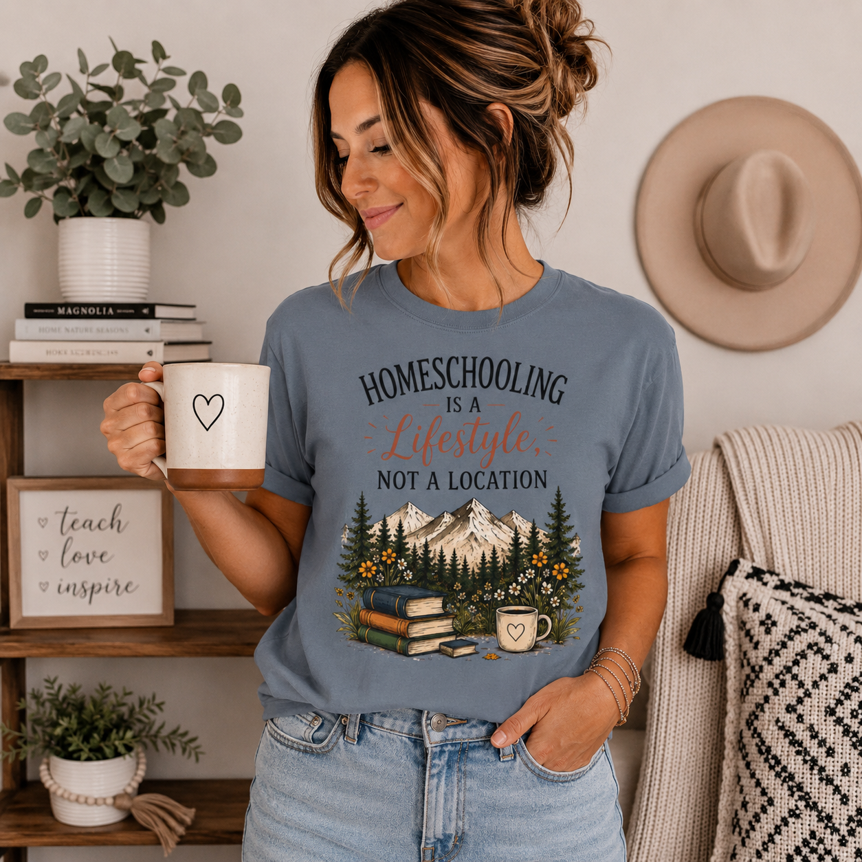 Homeschooling Is a Lifestyle T-Shirt — Mountain, Books & Coffee Homeschool Mom Tee