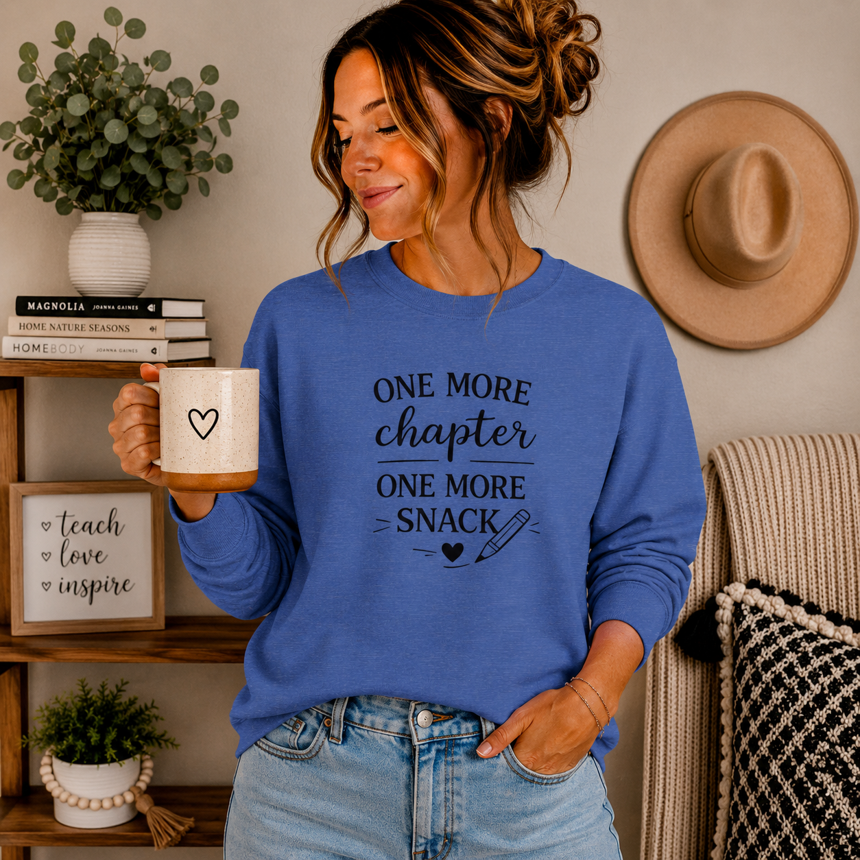 One More Chapter One More Snack Sweatshirt | Homeschool Mom Sweatshirt | Book Lover Crewneck | Reading Teacher Gift