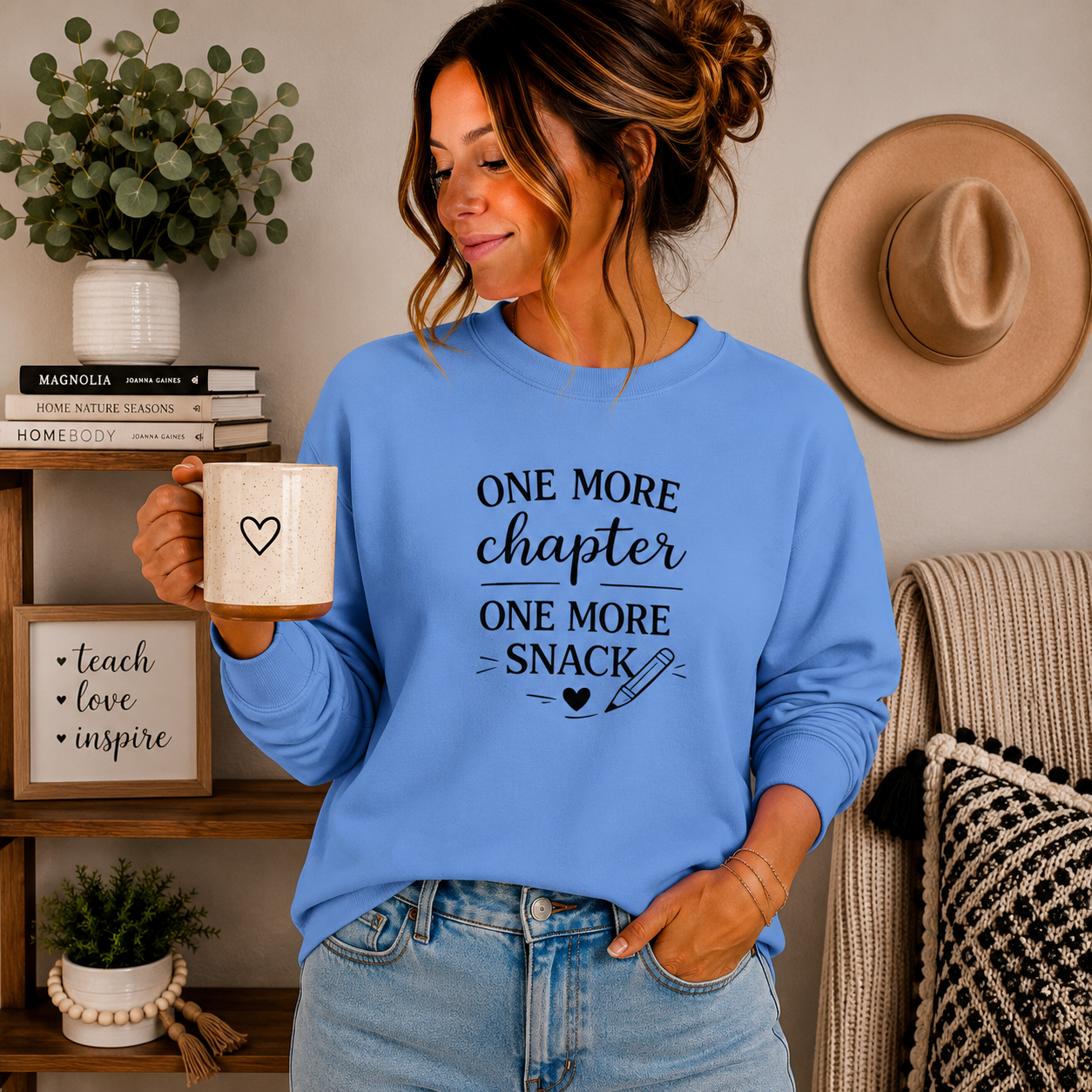 One More Chapter One More Snack Sweatshirt | Homeschool Mom Sweatshirt | Book Lover Crewneck | Reading Teacher Gift