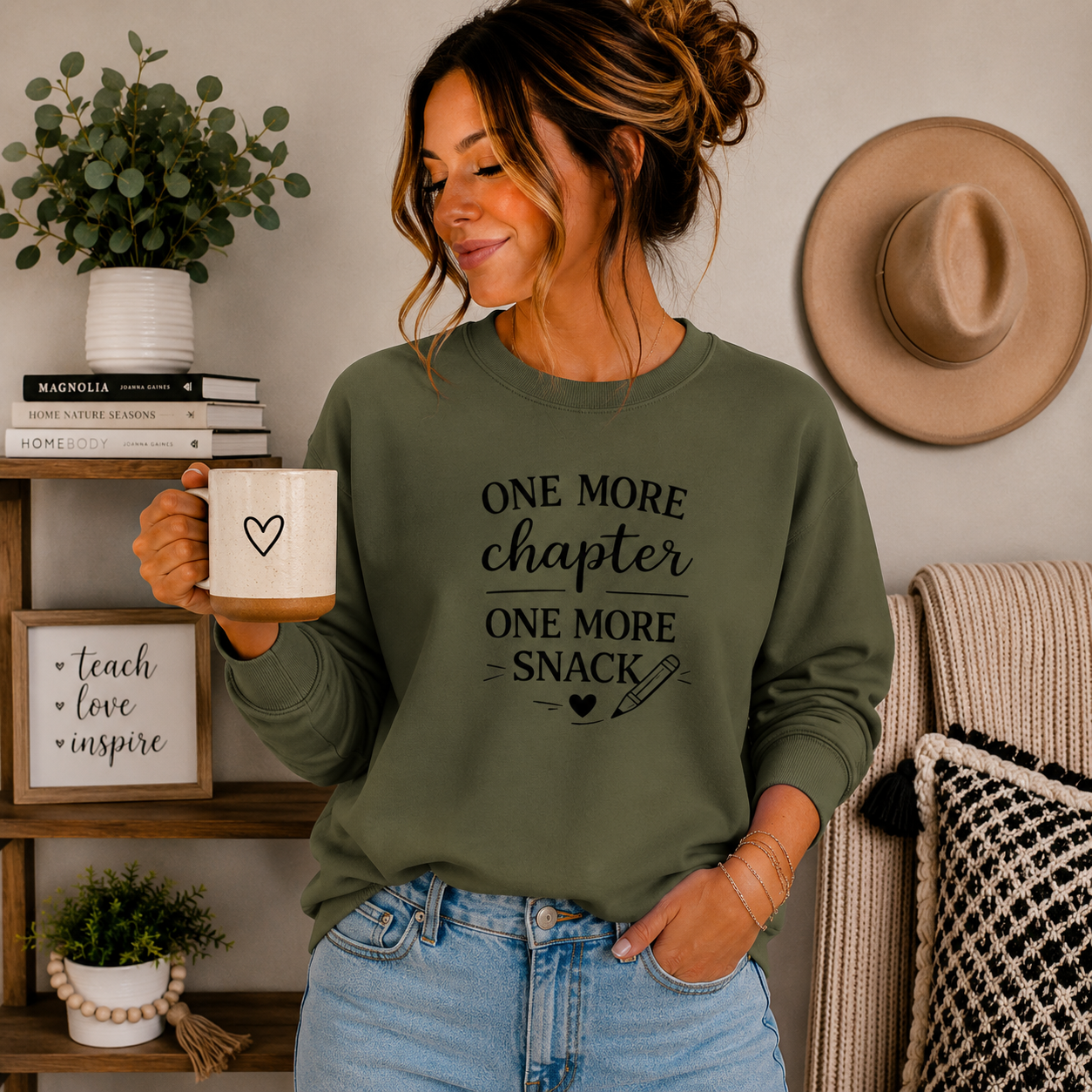 One More Chapter One More Snack Sweatshirt | Homeschool Mom Sweatshirt | Book Lover Crewneck | Reading Teacher Gift