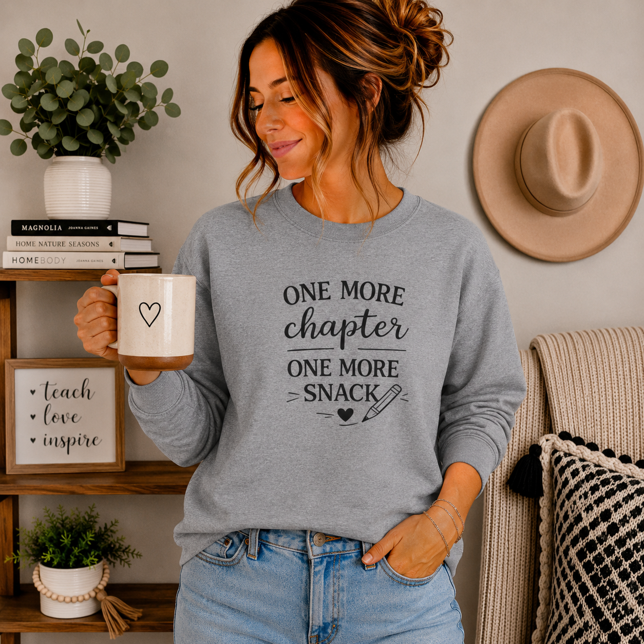 One More Chapter One More Snack Sweatshirt | Homeschool Mom Sweatshirt | Book Lover Crewneck | Reading Teacher Gift