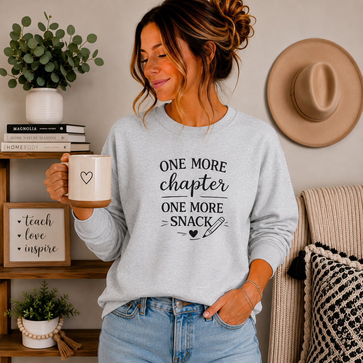 One More Chapter One More Snack Sweatshirt | Homeschool Mom Sweatshirt | Book Lover Crewneck | Reading Teacher Gift