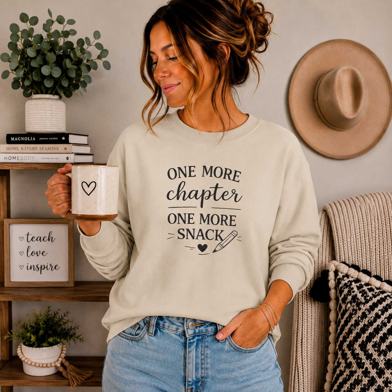 One More Chapter One More Snack Sweatshirt | Homeschool Mom Sweatshirt | Book Lover Crewneck | Reading Teacher Gift