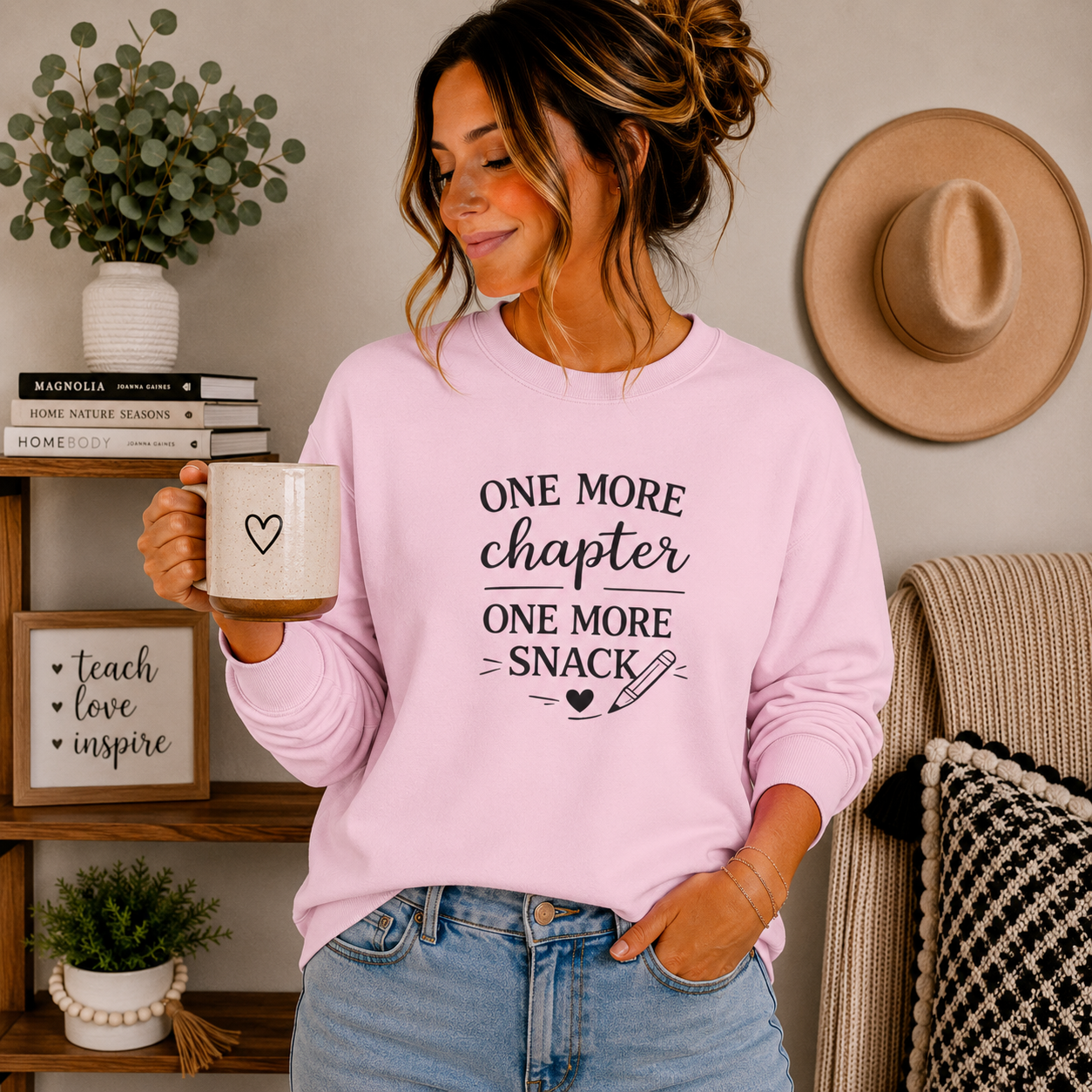 One More Chapter One More Snack Sweatshirt | Homeschool Mom Sweatshirt | Book Lover Crewneck | Reading Teacher Gift