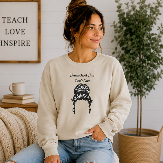 Homeschool Hair Don't Care Sweatshirt | Funny Homeschool Mom Sweatshirt | Homeschool Mama Crewneck | Cozy Teacher Gift | Gildan 18000