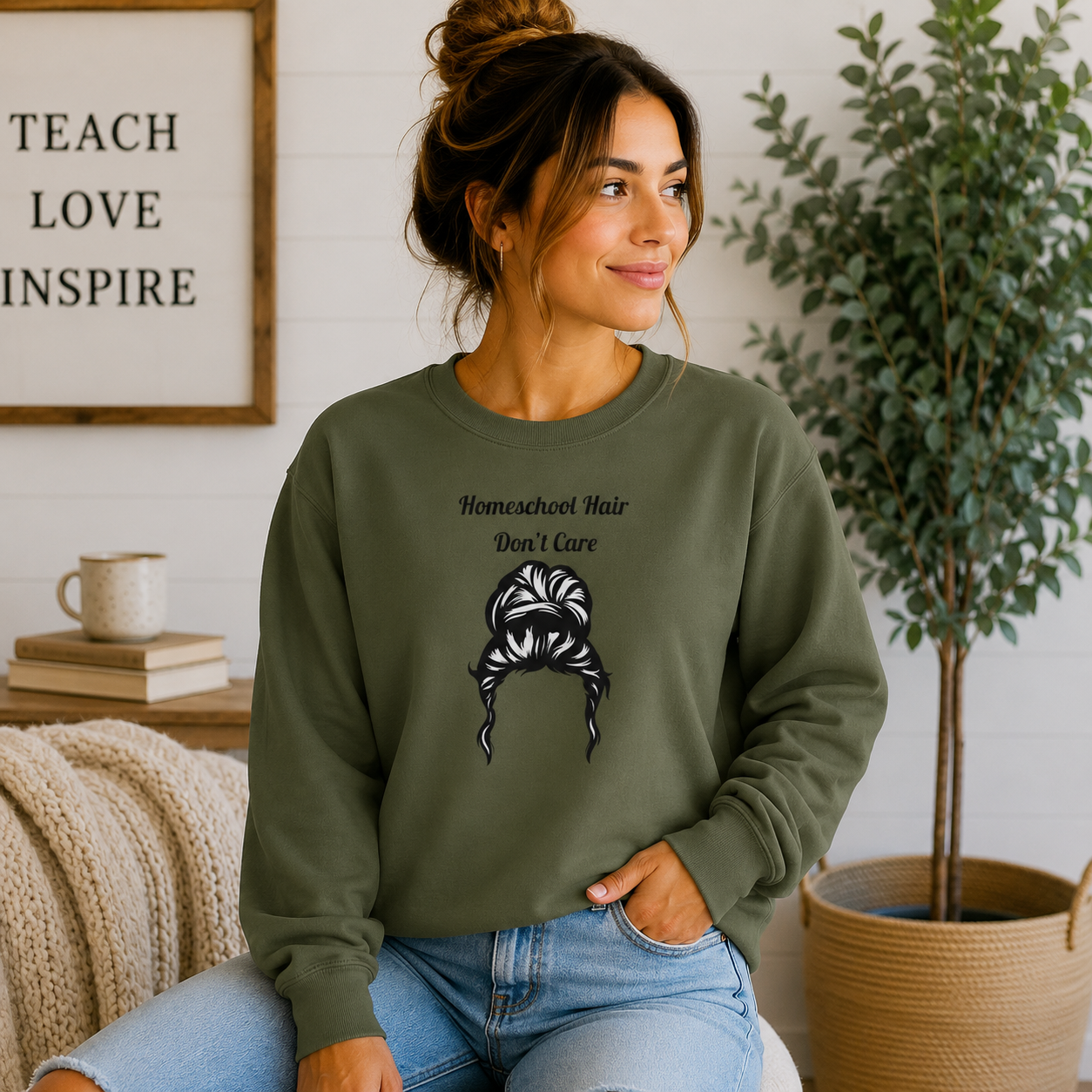 Homeschool Hair Don't Care Sweatshirt | Funny Homeschool Mom Sweatshirt | Homeschool Mama Crewneck | Cozy Teacher Gift | Gildan 18000