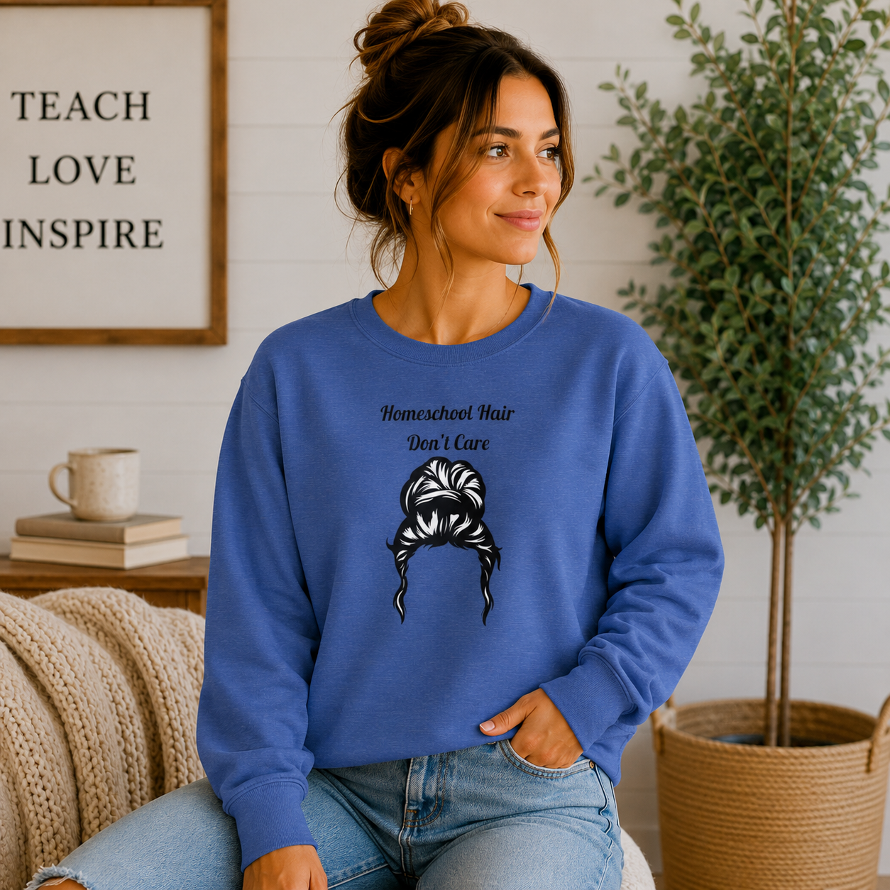 Homeschool Hair Don't Care Sweatshirt | Funny Homeschool Mom Sweatshirt | Homeschool Mama Crewneck | Cozy Teacher Gift | Gildan 18000