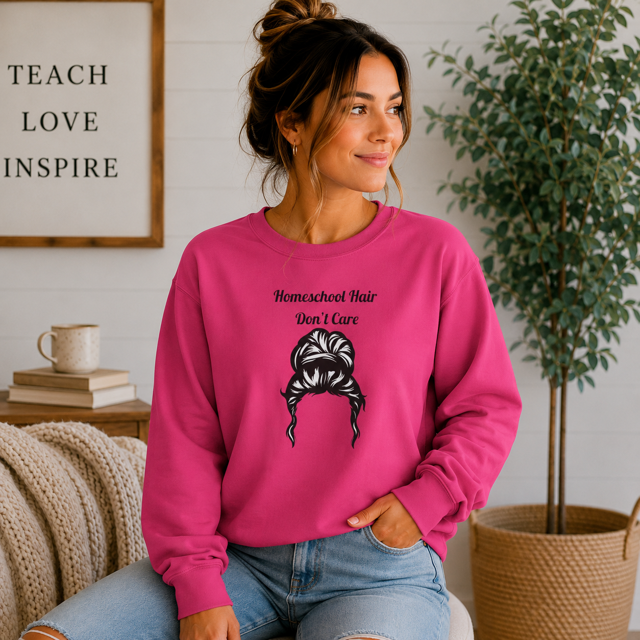 Homeschool Hair Don't Care Sweatshirt | Funny Homeschool Mom Sweatshirt | Homeschool Mama Crewneck | Cozy Teacher Gift | Gildan 18000