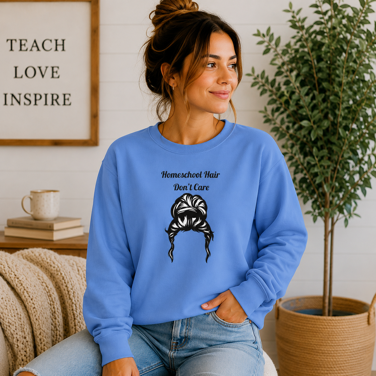 Homeschool Hair Don't Care Sweatshirt | Funny Homeschool Mom Sweatshirt | Homeschool Mama Crewneck | Cozy Teacher Gift | Gildan 18000