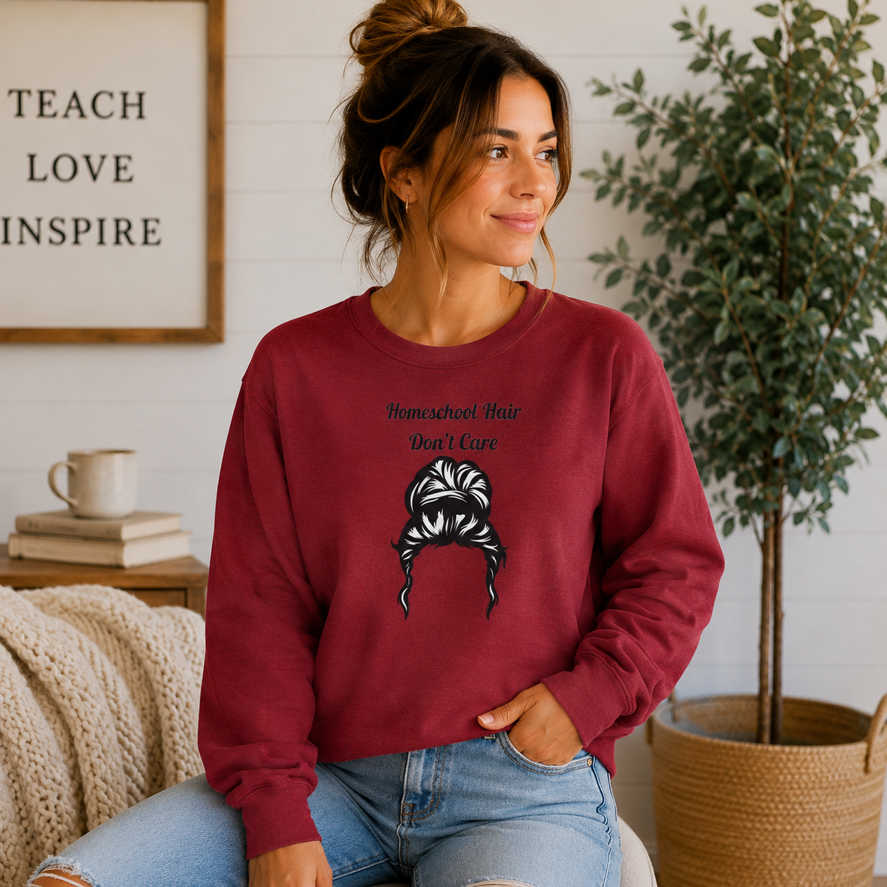 Homeschool Hair Don't Care Sweatshirt | Funny Homeschool Mom Sweatshirt | Homeschool Mama Crewneck | Cozy Teacher Gift | Gildan 18000