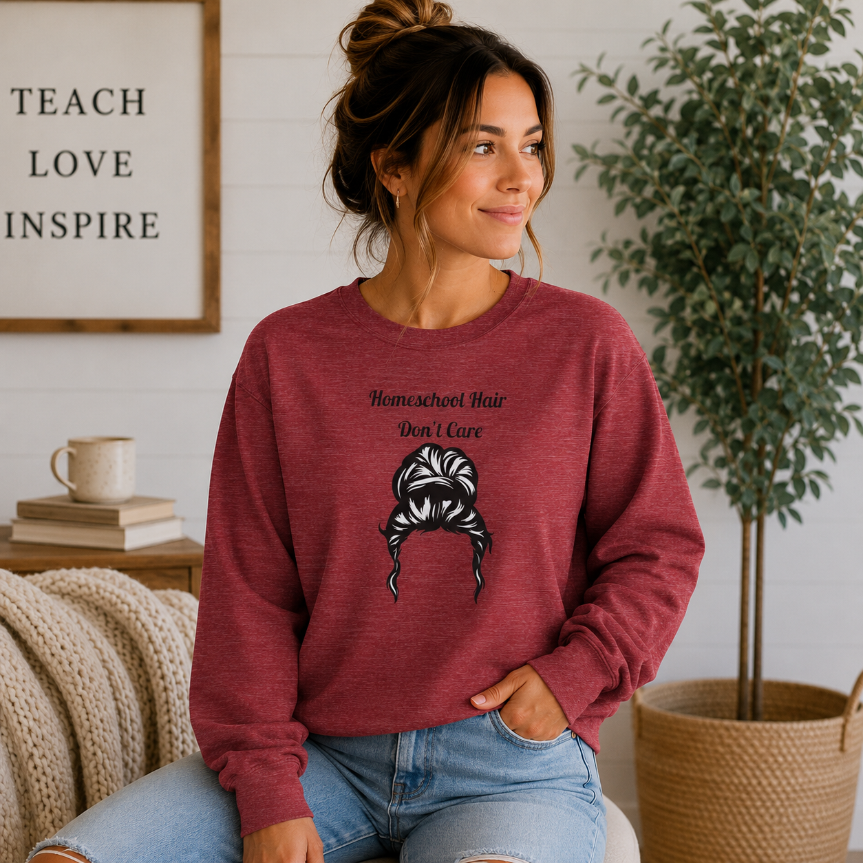 Homeschool Hair Don't Care Sweatshirt | Funny Homeschool Mom Sweatshirt | Homeschool Mama Crewneck | Cozy Teacher Gift | Gildan 18000
