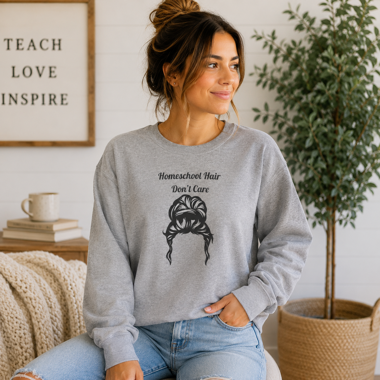 Homeschool Hair Don't Care Sweatshirt | Funny Homeschool Mom Sweatshirt | Homeschool Mama Crewneck | Cozy Teacher Gift | Gildan 18000